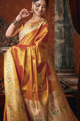 Orange tissue silk saree with paithani pallu festive wear saree