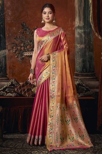 Peach tissue silk saree with paithani pallu festive wear saree