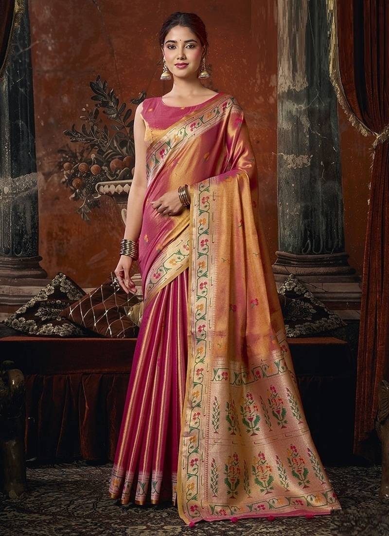 Peach tissue silk saree with paithani pallu festive wear saree