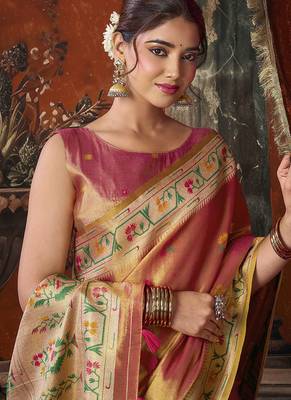 Peach tissue silk saree with paithani pallu festive wear saree 2