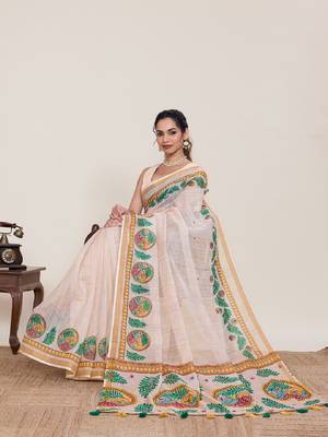 Peach printed zari border with mirror work linan saree with blouse 1