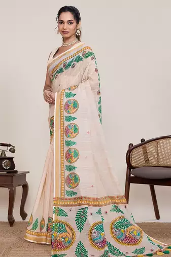 Peach printed zari border with mirror work linan saree with blouse