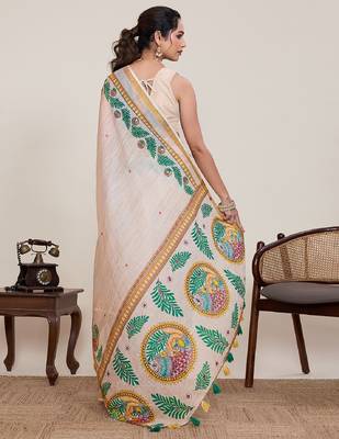 Peach printed zari border with mirror work linan saree with blouse 3
