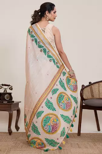 Peach printed zari border with mirror work linan saree with blouse