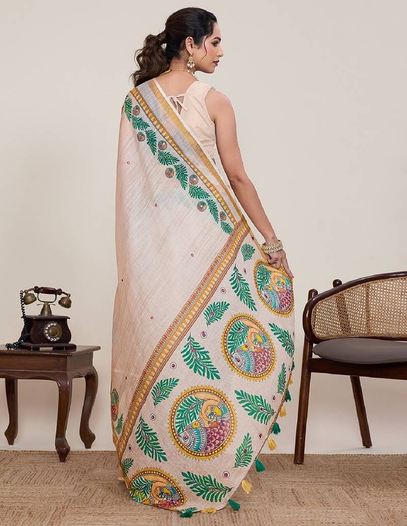 Peach printed zari border with mirror work linan saree with blouse