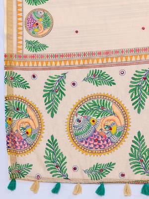 Peach printed zari border with mirror work linan saree with blouse 5