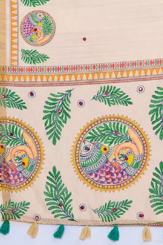 Peach printed zari border with mirror work linan saree with blouse