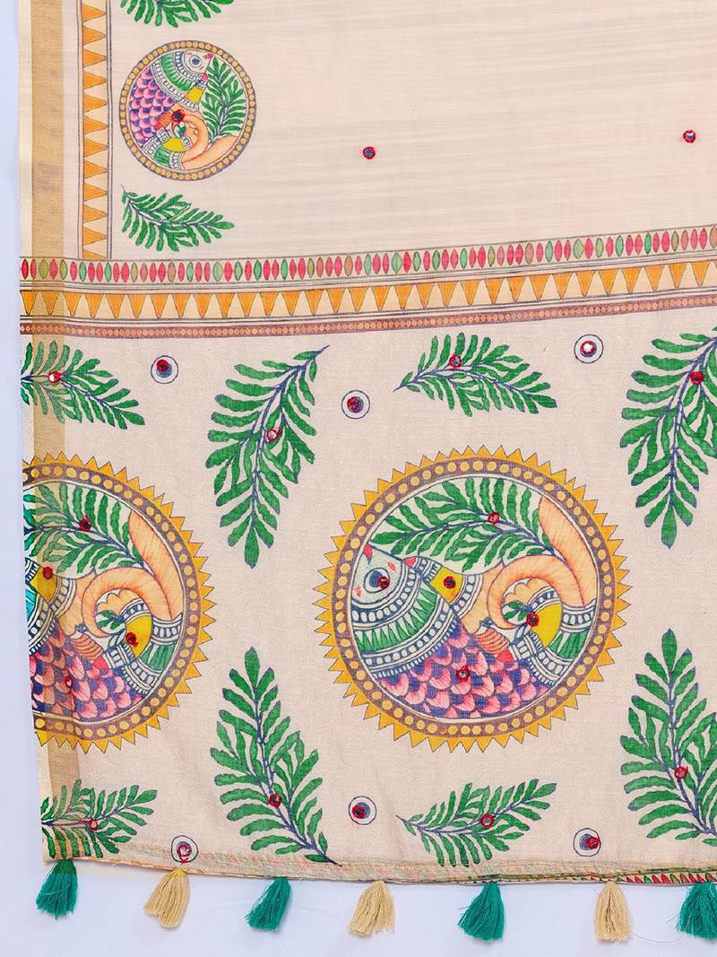 Peach printed zari border with mirror work linan saree with blouse