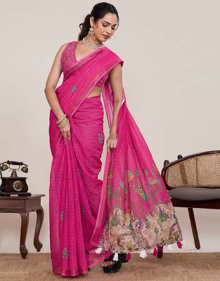 Rani pink printed zari border with mirror work linan saree with blouse 1