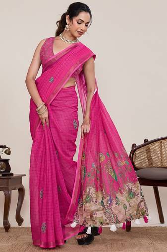 Rani pink printed zari border with mirror work linan saree with blouse
