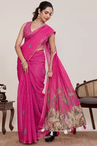 Rani pink printed zari border with mirror work linan saree with blouse