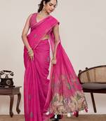 Rani pink printed zari border with mirror work linan saree with blouse