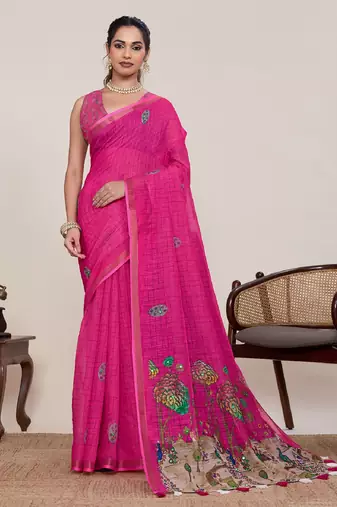 Rani pink printed zari border with mirror work linan saree with blouse