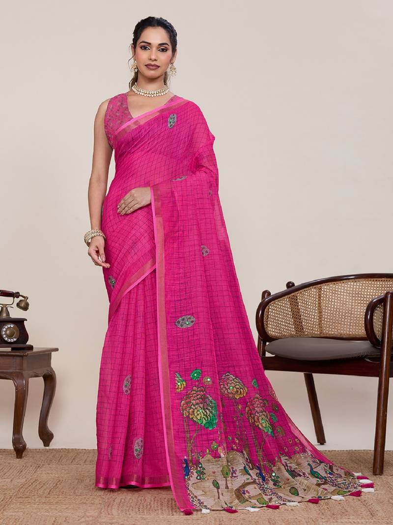 Rani pink printed zari border with mirror work linan saree with blouse