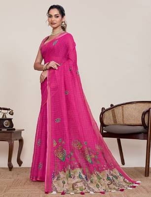 Rani pink printed zari border with mirror work linan saree with blouse 3