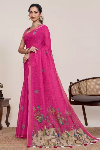 Rani pink printed zari border with mirror work linan saree with blouse