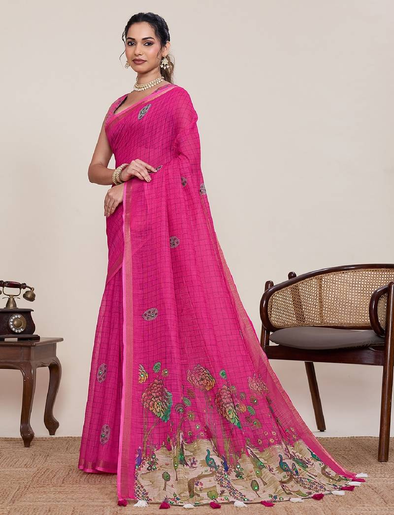 Rani pink printed zari border with mirror work linan saree with blouse