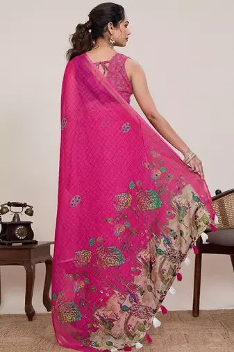 Rani pink printed zari border with mirror work linan saree with blouse