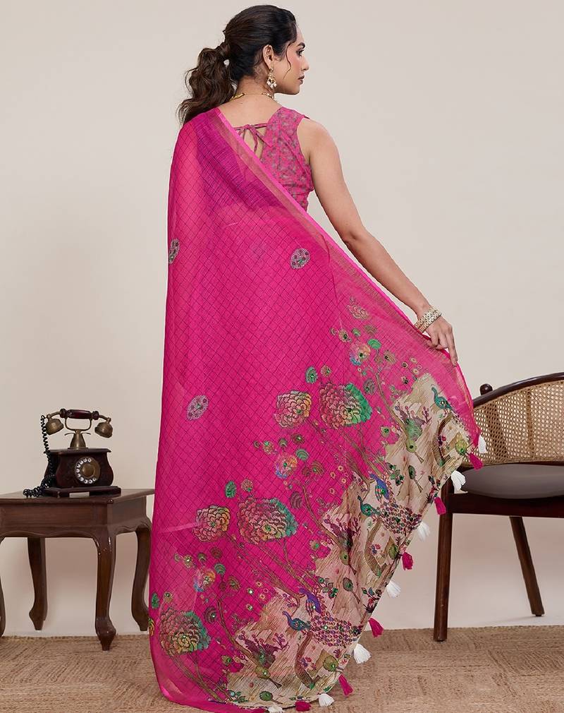 Rani pink printed zari border with mirror work linan saree with blouse