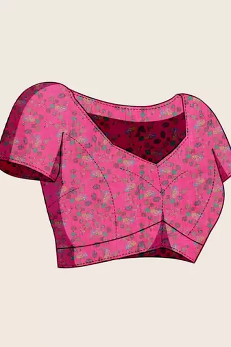 Rani pink printed zari border with mirror work linan saree with blouse