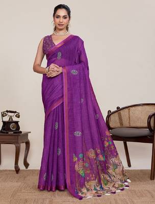 Purple printed zari border with mirror work linan saree with blouse 2