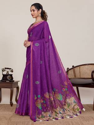 Purple printed zari border with mirror work linan saree with blouse 3