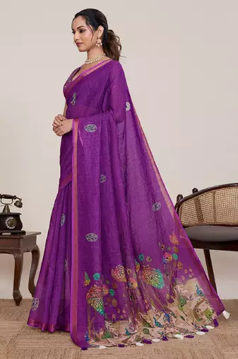 Purple printed zari border with mirror work linan saree with blouse