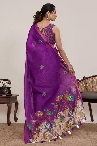 Purple printed zari border with mirror work linan saree with blouse