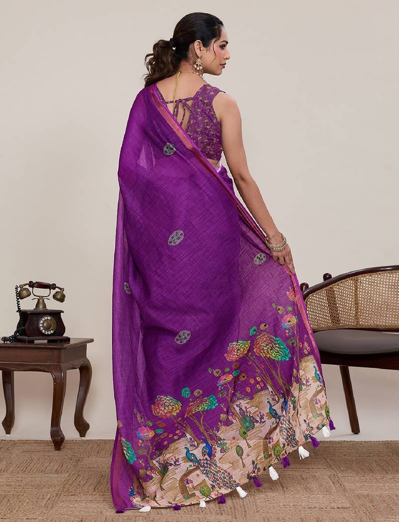 Purple printed zari border with mirror work linan saree with blouse