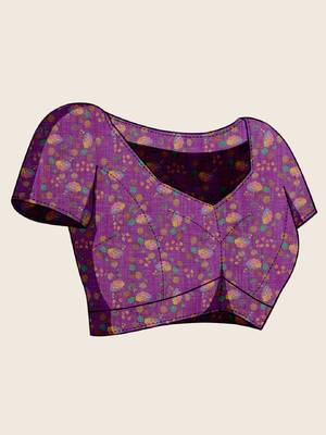 Purple printed zari border with mirror work linan saree with blouse 5