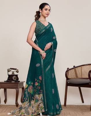 Dark green printed zari border with mirror work linan saree with blouse 1