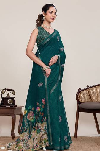 Dark green printed zari border with mirror work linan saree with blouse