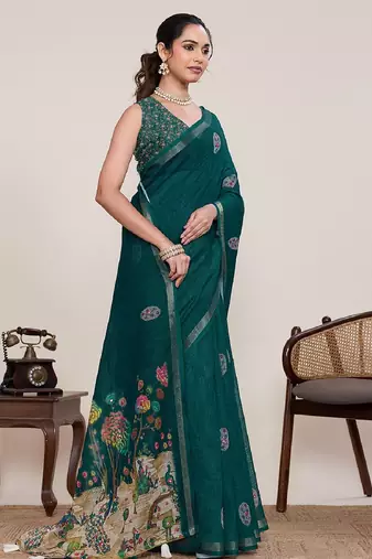 Dark green printed zari border with mirror work linan saree with blouse
