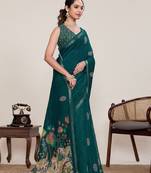 Dark green printed zari border with mirror work linan saree with blouse