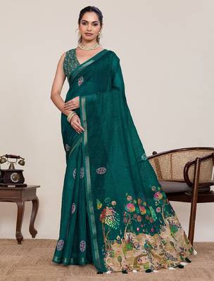 Dark green printed zari border with mirror work linan saree with blouse 2