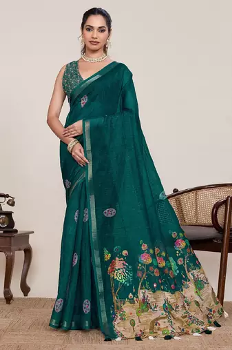Dark green printed zari border with mirror work linan saree with blouse