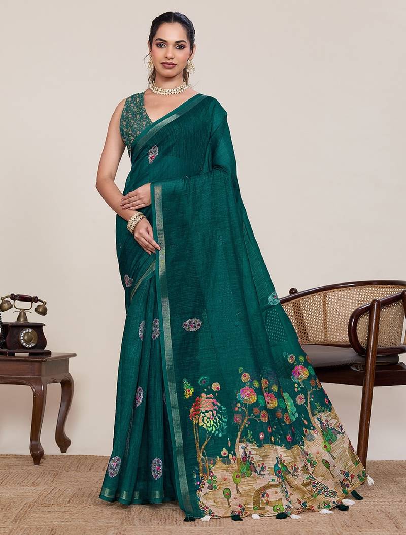 Dark green printed zari border with mirror work linan saree with blouse