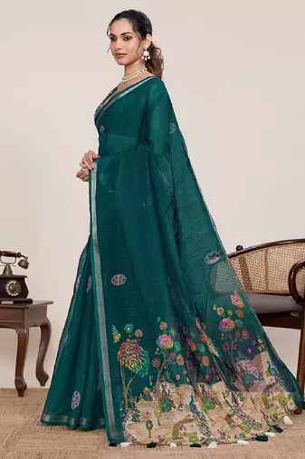 Dark green printed zari border with mirror work linan saree with blouse