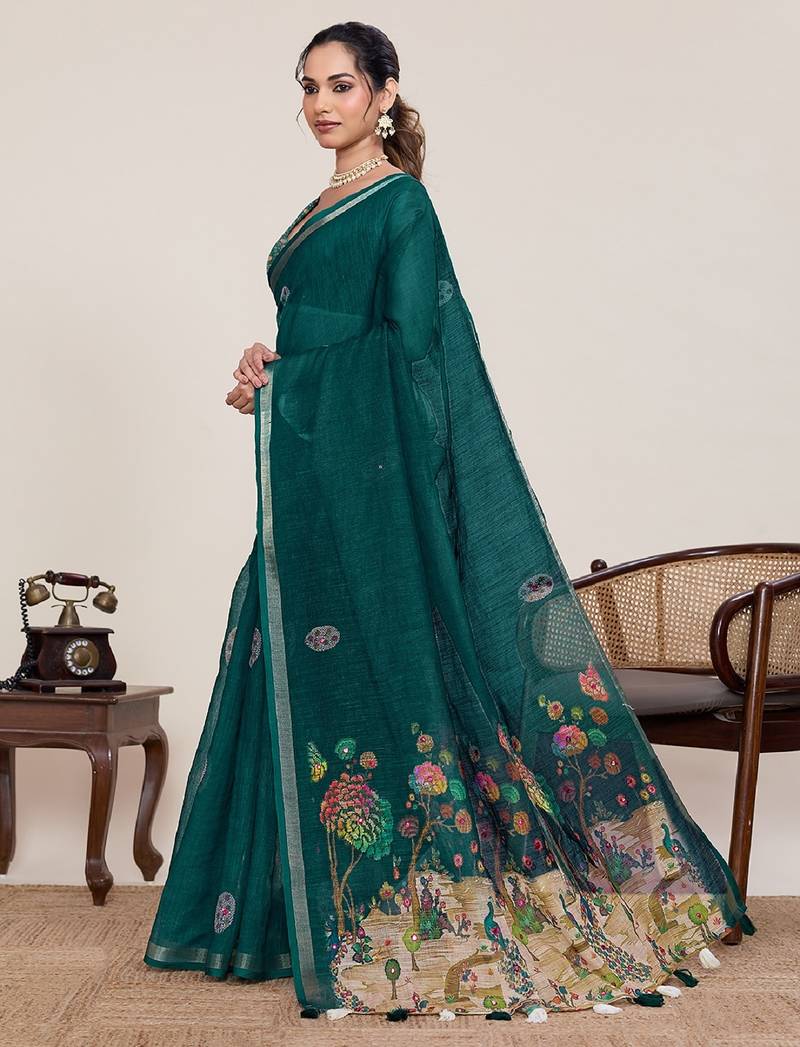 Dark green printed zari border with mirror work linan saree with blouse