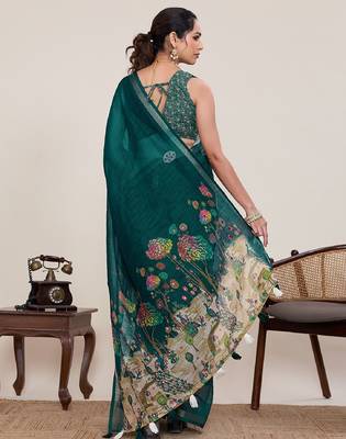 Dark green printed zari border with mirror work linan saree with blouse 4