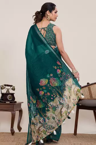 Dark green printed zari border with mirror work linan saree with blouse