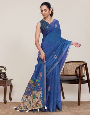 Blue printed zari border with mirror work linan saree with blouse 1