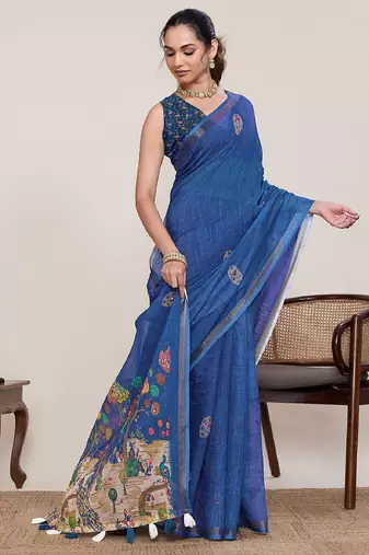 Blue printed zari border with mirror work linan saree with blouse