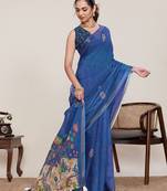 Blue printed zari border with mirror work linan saree with blouse