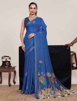 Blue printed zari border with mirror work linan saree with blouse 2