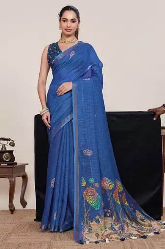 Blue printed zari border with mirror work linan saree with blouse