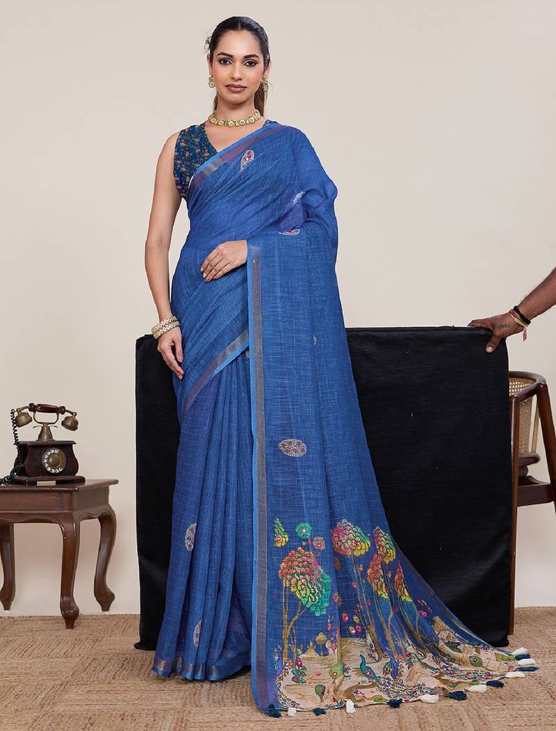 Blue printed zari border with mirror work linan saree with blouse