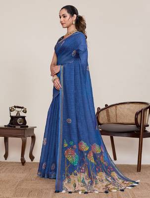 Blue printed zari border with mirror work linan saree with blouse 3