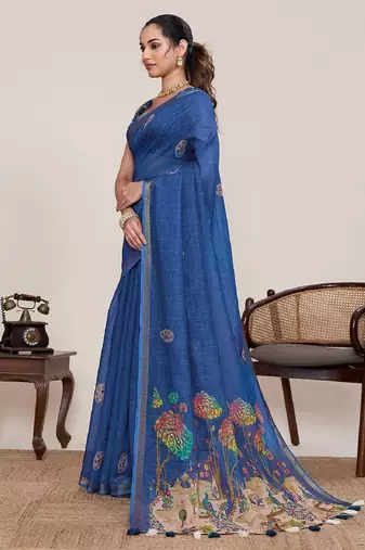 Blue printed zari border with mirror work linan saree with blouse