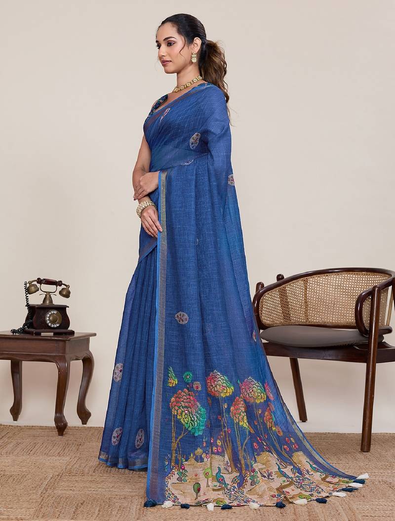 Blue printed zari border with mirror work linan saree with blouse